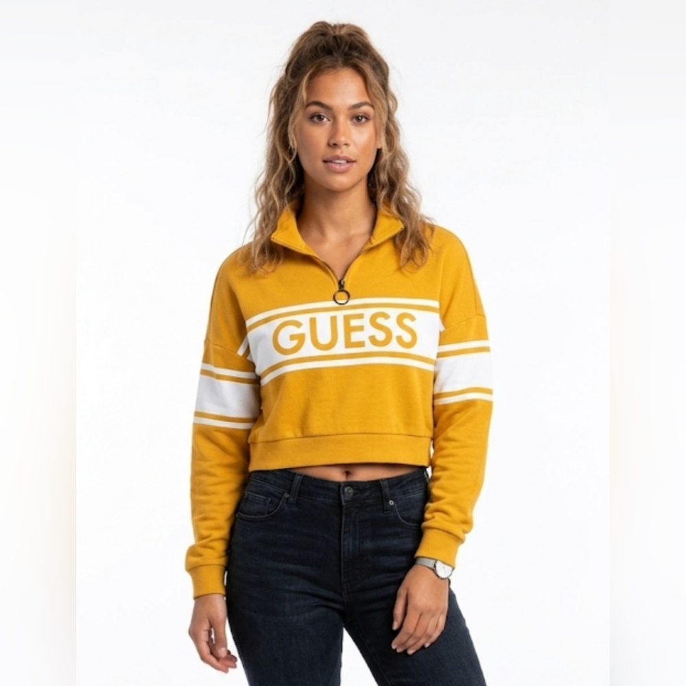 Guess Mustard Yellow & White Cropped Quarter-Zip Pullover size:L